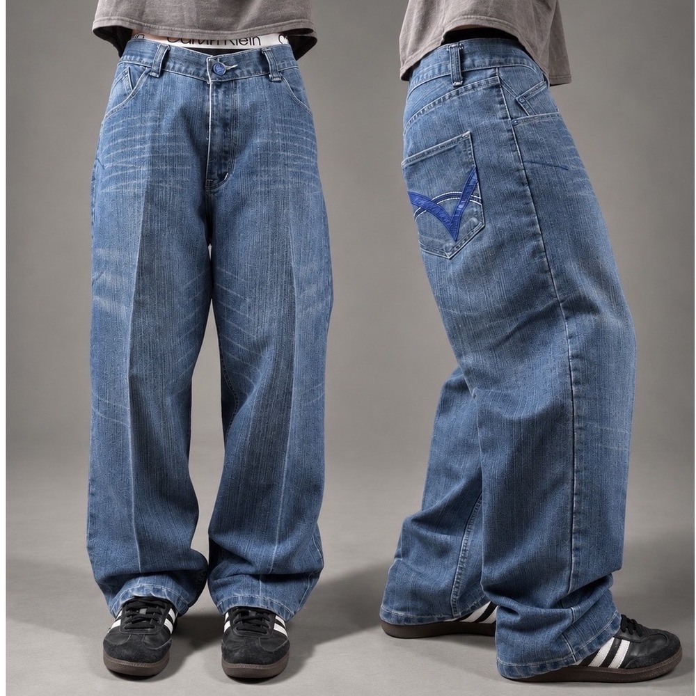 Mecca Y2K Baggy Denim Jeans 40x30 Blue Streetwear Wide Leg V Pocket Graphic